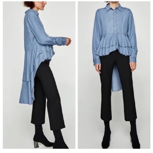 NWOT Zara Blue Chambray Asymmetric Hi-low Button Front Peplum Long Sleeve Shirt. - Picture 3 of 4